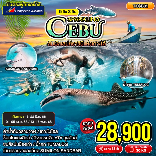 เซบู ออสลอบ เกาะโบโฮล Whale shark  แหวกว่ายน้ำทะเลใสแจ๋วไปกับเหล่าฉลามวาฬในออสลอบอย่างใกล้ชิด
Sumilon sandbar  ทะเลแหวก ฟินกับน้ำทะเลและหาดทรายขาวละเอียด
Tumalog Falls ชุ่มชื่นกับน้ำตกตูมาล็อก ที่สวยงามอลังการ
City tour ชมจุดสำคัญต่างๆในตัวเมือง Cebu City