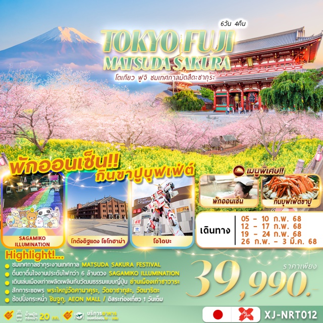 โตเกียว ฟูจิ มัตสึดะชากุระ ชมเทศกาลซากุระงานเทศกาล MATSUDA SAKURA FESTIVAL
ตื่นตาตื่นใจงานประดับไฟกว่า 6 ล้านดวง SAGAMIKO ILLUMINATION
เดินเล่นเมืองเท่าเพื่อเพลินกับวัฒนรรรมแบบญี่ปุ่น อ่านเมืองเก่าชาวาระ
สักการะขอพร พระใหญ่วัดคามาคุระ, วัดอาซากุสะ, วัดนาริตะ
ช้อปปิ้งกระหน่ำ ชินจูก, AEON MALL / อิสระก่องเที่ยว 1 วันเต็ม