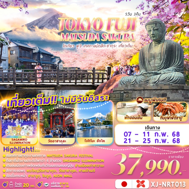 โตเกียว ฟูจิ มัตสึดะซากุระ ชนเทศกาลซ่ากระงานเทศกาล MATSUDA SAKURA FESTIVAL
ตื่นตาตื่นใจงานประดับไฟกว่า 6 ล้านดวง SAGAMIKO ILLUMINATION
เดินเล่นเมืองเก่าเพลิดเพลินกับวัฒนธรรมแบบญี่ปุ่น อ่านเมืองเก่าซาวาระ
สักการะขอพร พระใหญ่วัดคามาคุร; วัดอาชากุสะ, ศาลเจ้าเมจิ
ช้อปปิ้งกระหน่ำ ฮาราจูก, ชินจูก, AEON MALL