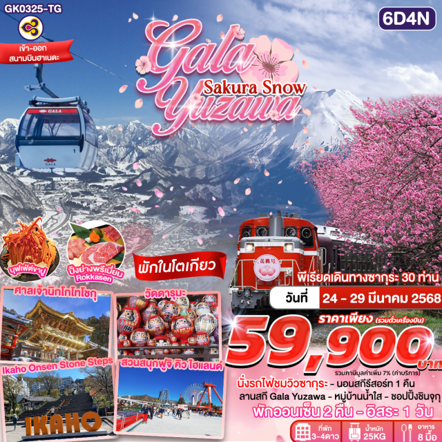 โตเกียว นิกโก้ ฟูจิ สนุกสนานกับกิจกรรม ลานสกีกาล่า ยูซาว่า (GALA YUZAWA)
นั่งรถไฟสายโรแมนติก วาตาราเซะ กุมมะ
สะพานชินเคียว สะพานไม้สีแดง นิกโก้
ศาลเจ้านิกโกโทโชกุ 
ทะเลสาบชูเซนจิ แห่งเมืองนิกโก้
วัดโชรินซัง ดารุมะจิ วัดดังเก่าแก่ต้นกำเนิดตุ๊กตาดารุมะ
ชมความงามทะเลสาบคาวากูจิโกะ 
อิคาโฮะออนเซ็น (IKAHO ONSEN)
สวนสนุกฟูจิ คิว ไฮแลนด์ 
โอชิโนะ ฮัคไค (OSHINO HAKKAI) หมู่บ้านน้ำใส วิวภูเขาไฟฟูจิ
วัดเซ็นโซจิ หรือ วัดอาซากุสะ 
ชมโตเกียว สกายทรี (TOKYO SKYTREE)
ชอปปิ้งย่านชินจูกุ / ย่านอุเอโนะ / ห้างไดเวอร์ซิตี้#มีวันอิสระ