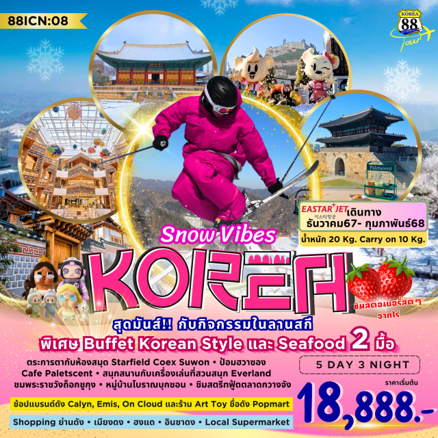 ซูวอน โซล เมียงดง เล่นสกีที่ Ski Resort • ห้องสมุด Starfield Suwon
ชมกำแพงเมืองเก่า ป้อมฮวาซอง • ชิมสตอเบอร์รี่สดๆจากไร่
พระราชวังถ็อกซูกุง • หมู่บ้านโบราณบุกชอนฮันอก  • ตามรอยเกี๊ยวป้า Netflix ที่ตลาดกวางจัง